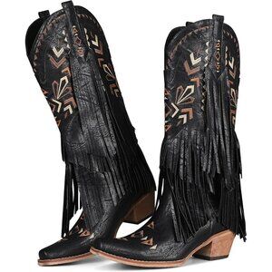 Women's Black Cowgirl Boots Knee High Fringe Boots Comfortable Comfy Foot heel